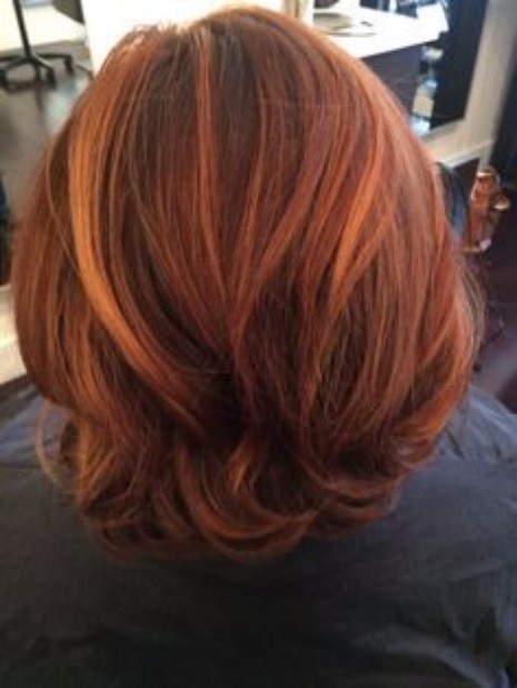 Short brown hair with blonde and auburn highlights
