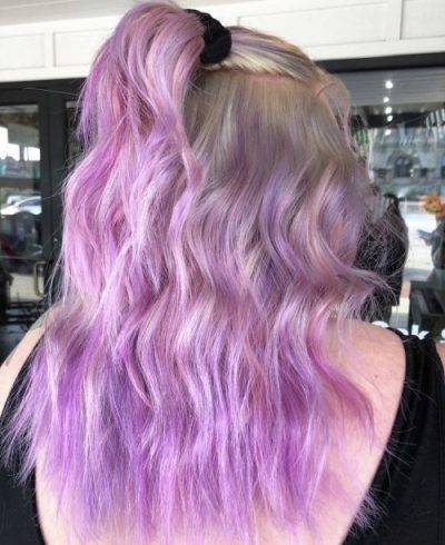 Purple hair color with high half up pony