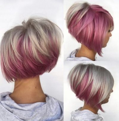 Stacked Bob hairstyle with an under layer of pink