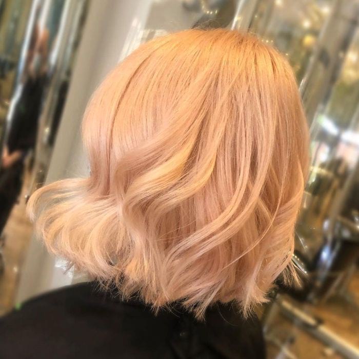 New strawberry beige-blonde color on fine-hair bob